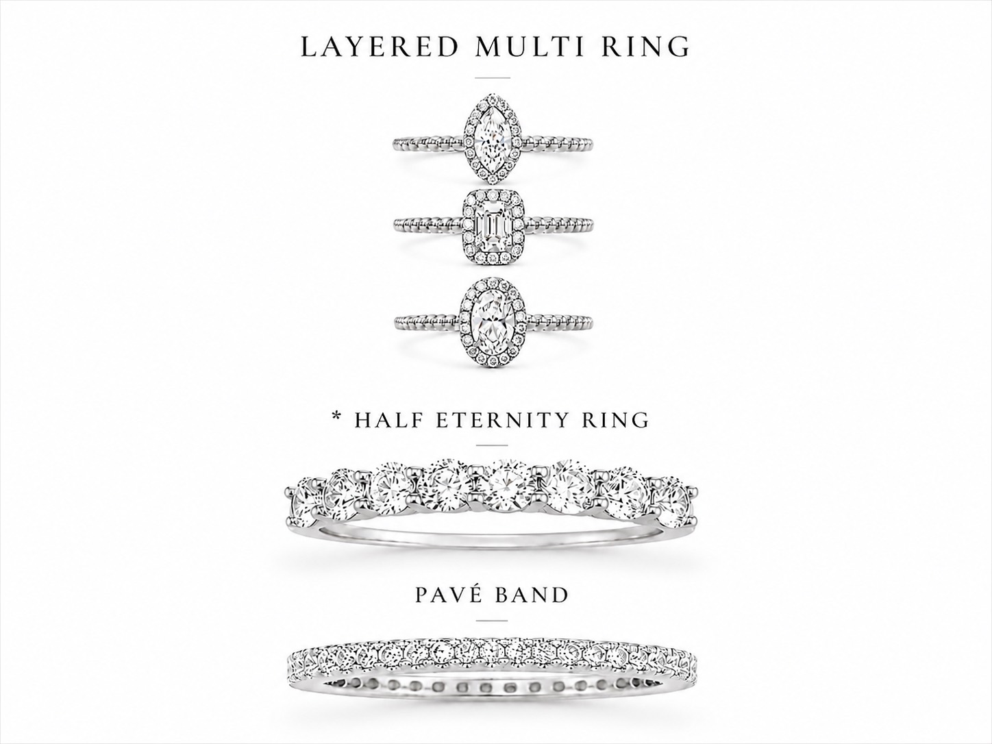 Layered Multi Ring, Half Eternity Ring, and Pavé Band